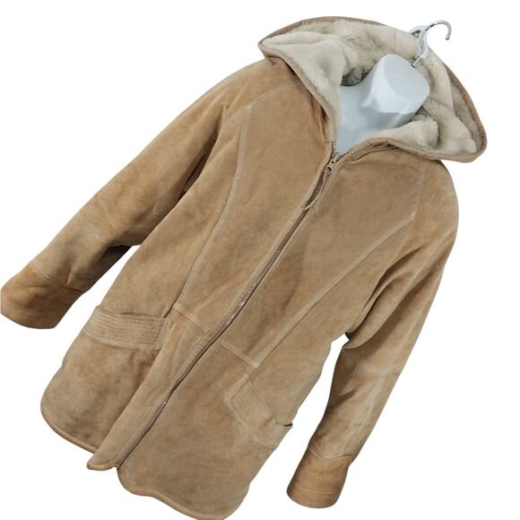 WINLIT! LUXE FAWN BEIGE/TAN GENUINE SUEDE LEATHER SHERPA, HOODIE COAT! SZ M - Picture 16 of 16